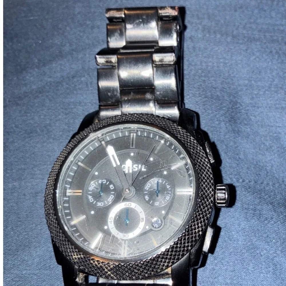 Fossil Machine Black Stainless Steel Chronograph Mens Watch Textured Bezel
